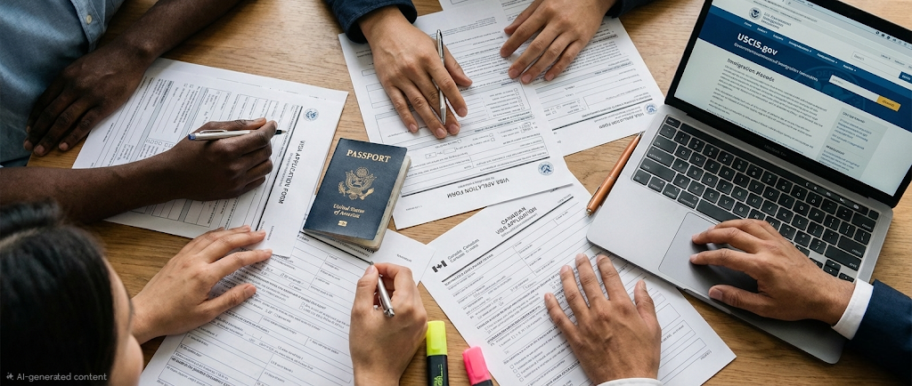 Overhead view of international students' hands collaborating over visa forms and a laptop, discussing solutions for struggles in Korea.
